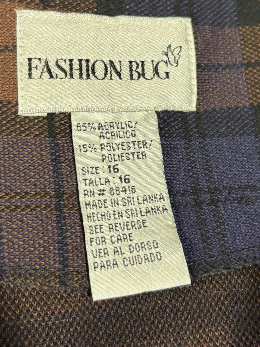 Fashion Bug Vintage 80’s-90’s Navy & Brown Plaid Button-Front Dress